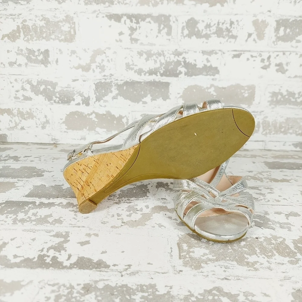Talbots Women's Silver Genuine Leather Platform Strap Wedge Sandals V327